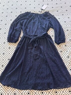 DKNY Navy Textured Sheer-Striped Dress